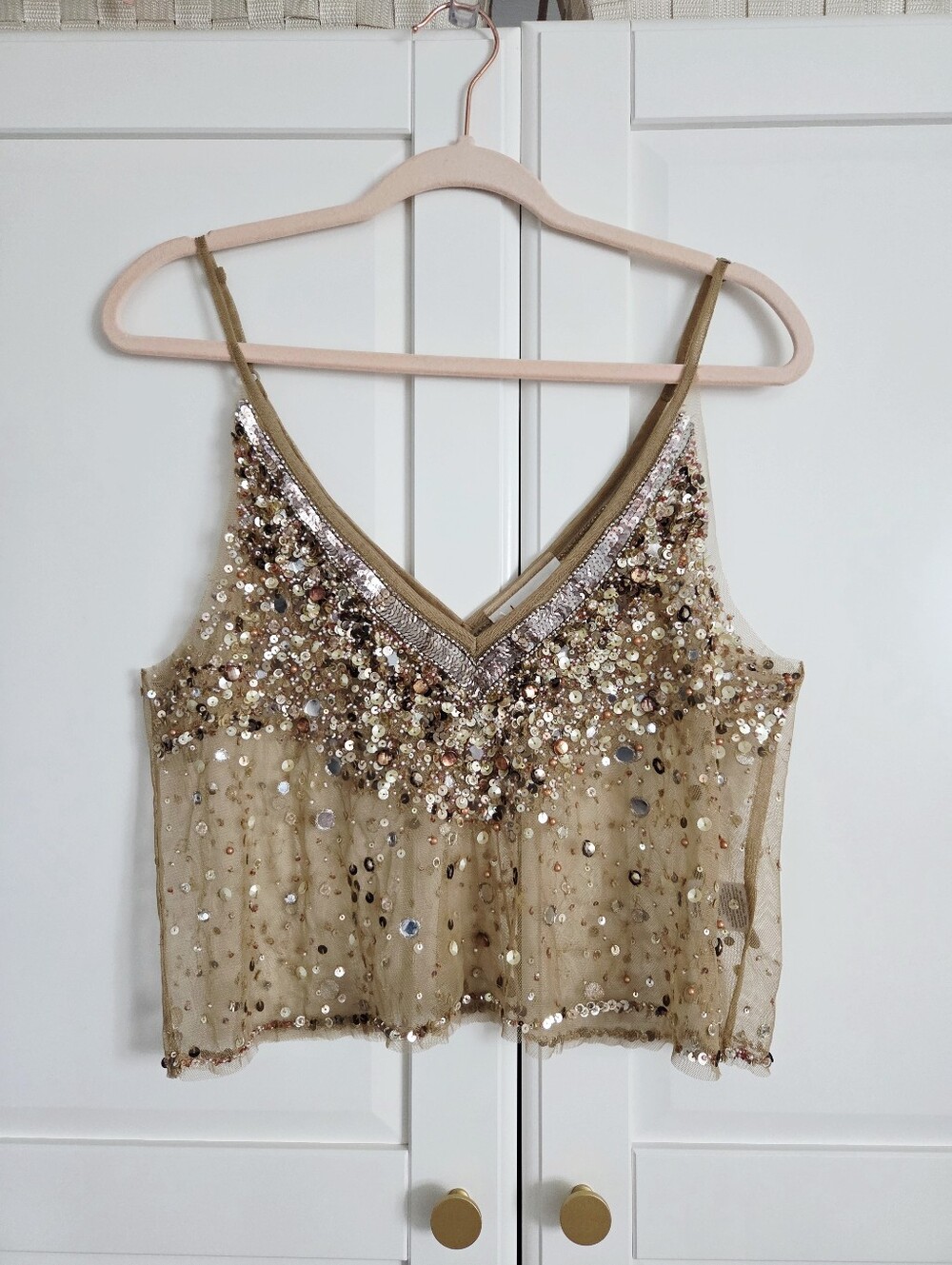 Anthropologie Sequin Embellished Nude-Beige V-Neck Camisole - Picture 2 of 13